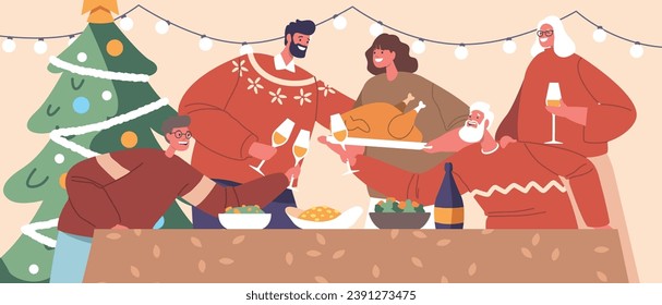 Joyful Family Characters Gathers Around Festively Decorated Christmas Table, Sharing Laughter And Love, Clinking Glasses