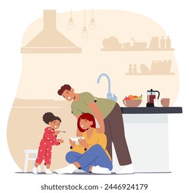 Joyful Family Characters Mother, Father And Their Little Child Share Laughter In The Kitchen, Surrounded By The Warm Glow Of Eating Together, Creating Cozy Memories. Cartoon People Vector Illustration