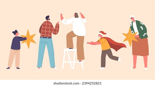Joyful Family Characters With Ornaments. Kids, Parent And Granny With Ladder And Star For Decoration Christmas Tree