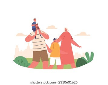 Joyful Family Characters Parents and Kids Strolling Through The Park, Embracing Nature's Beauty, Sharing Laughter