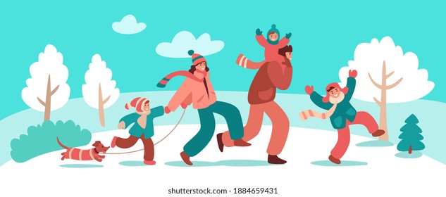 
joyful family with children and a dog walks in countryside in winter, among the snow-covered trees