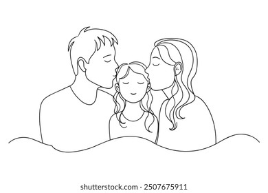 A joyful family embracing and kissing each other, showcasing love and togetherness in a warm, heartfelt moment One line continuous line art vector illustration on white background