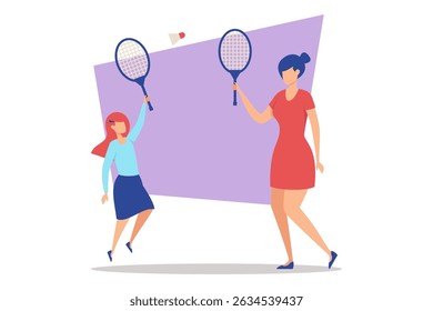 Família alegre envolvida em jogo de badminton, com crianças e adultos segurando raquetes. Mãe e filha fora, mostrando sua emoção e ligação através do esporte