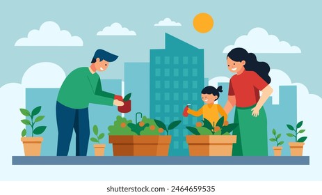 A joyful family engaged in rooftop gardening
