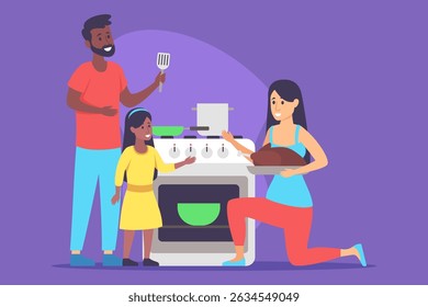Família alegre apreciando cozinhar juntos em cozinha vibrante. Pai segurando espátula enquanto a mãe apresentando o prato assado. Filha participando com entusiasmo