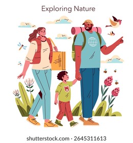 A joyful family is enjoying wonderful nature, hiking together, and bonding in a beautiful outdoor setting