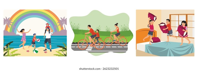 A joyful family enjoys a playing games under a vibrant rainbow. A family of three cycling outdoors. Three playful children having a pillow fight on a bed. Happy parents and children  concept.