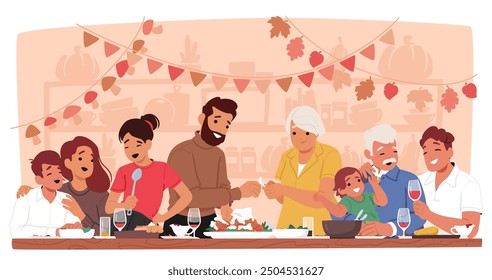 Joyful Family Gathering Around A Table Celebrating Thanksgiving. Vector Image Depicts Multiple Generations Enjoying A Festive Meal Together, Concept Of Family, Celebration, Togetherness, And Holidays