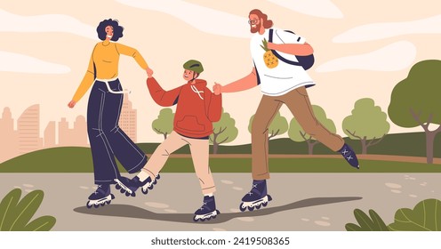 Freuen Sie sich auf familiäre Glides auf Rollerskates im lebhaften Sommerpark, Lachen Echoing, kreieren Sie gepflegte Erinnerungen