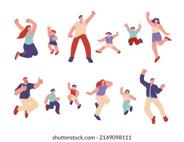 Joyful family. Happy jump person, people celebration. Active excited children and adults. Young fun festival man woman, party kicky vector isolated characters