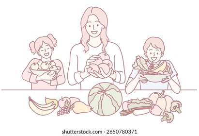 Uma família alegre com crianças exibe frutas e legumes coloridos, destacando a importância de uma alimentação saudável