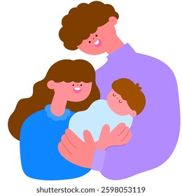 joyful family moment of parent hugging newborn baby, parenthood and love flat vector illustration