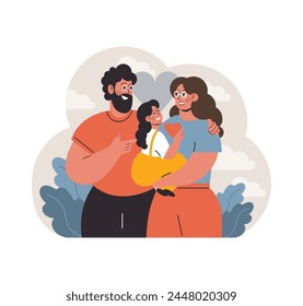 Joyful family moment. Parents cuddling their child with love. Togetherness, affection, bonding. Warm embrace. Flat vector illustration