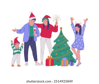 Família alegre perto da árvore de Natal com caixas de presente. Feliz Natal e Feliz Ano Novo. Os pais e filhos dos desenhos animados juntos comemoram o feriado. Ilustração plana vetorial isolada no branco