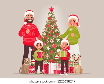 Joyful family near the New Year tree. Merry Christmas and Happy New Year. Father, mother, children and pets together celebrate the holiday. Vector illustration in cartoon style