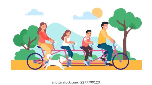 Joyful family rides together on tandem. Parents and kids on bicycle. City transportation. Young people walking with dog in park. Couple and children biking in nature