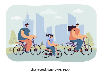 Joyful family riding bikes in city park isolated flat vector illustration. Cartoon mother, father and daughter cycling and having active weekends. Urban lifestyle and healthy leisure concept