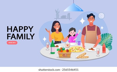 A joyful family shares a meal together at the dining table, symbolizing happiness, togetherness, and quality family time.