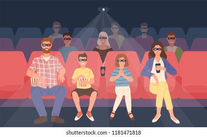 Joyful family sitting in stereoscopic movie theater or cinema hall. Mother, father and their children in 3d glasses watching three-dimensional film together. Flat cartoon colorful vector illustration.