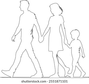 Joyful family strolling together, young parents holding hands with their children, vector line art illustration.