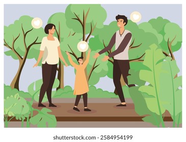 Joyful family of three enjoying quality time outdoors amidst vibrant greenery and love filled surroundings, emphasizing connection and warmth in a serene nature setting. 