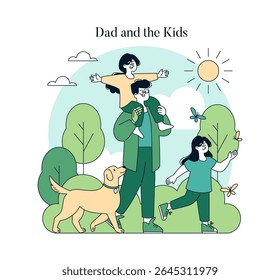 Joyful family walk with dad and kids enjoying a sunny day outdoors with playful dog, in a green park setting. Vector illustration.
