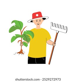 A joyful farmer holding a plant and a rake, happy farmer illustration