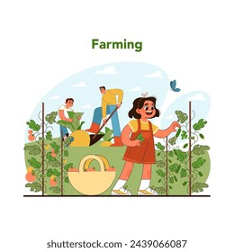 Joyful farming concept. Energetic children and adult tend to lush garden, teaching valuable lessons in agriculture and teamwork. Private farm benefits for ecology. Flat vector illustration