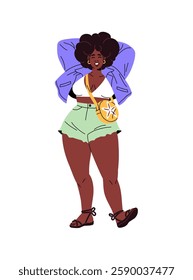 Joyful fat black young woman is wearing fashion outfit. Cute plump African American girl in stylish casual clothes is happy, stands and smiles. Flat isolated vector illustration on white background