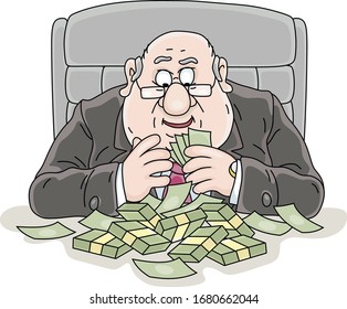 Joyful fat corrupt official sitting at his office desk and counting money received in a bribe, vector cartoon illustration on a white background