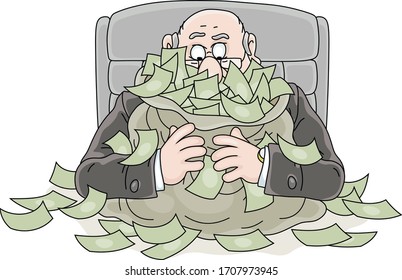 Joyful fat corrupt official sitting at his office desk and hugging a big bag full of money, vector cartoon illustration on a white background