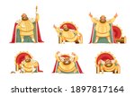 Joyful fat King character different poses and emotions. Emperor expressions, smile or sad, crying and happy. Cartoon Flat style vector illustration isolated on white background