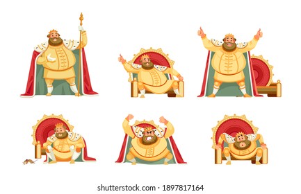 Joyful fat King character different poses and emotions. Emperor expressions, smile or sad, crying and happy. Cartoon Flat style vector illustration isolated on white background