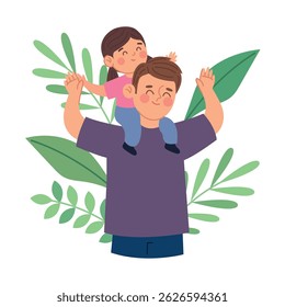 Joyful Father Carrying His Daughter on Shoulders Surrounded by nature Elements