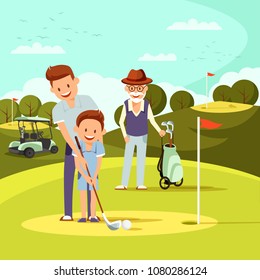 Joyful Father and Grandpa Teach Little Boy to Play Golf. Golf Course. Family Sport. Vector illustration.