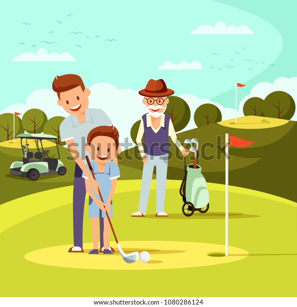 喜びの父とおじいちゃんは 少年にゴルフを教える ゴルフ場 ファミリースポーツ ベクターイラスト のベクター画像素材 ロイヤリティフリー