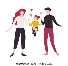 Joyful father, mother and daughter walking together. Smiling dad, mom and their little girl holding hands. Funny cartoon characters isolated on white background. Vector illustration in flat style.