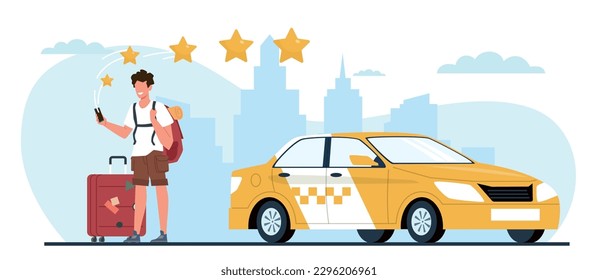 Joyful fellow passenger rates taxi five stars using smartphone app. Customer feedback, urban yellow transport. Man with smartphone on city landscape, cartoon flat isolated vector concept