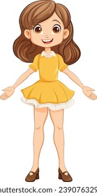 A joyful female cartoon character standing with a smile