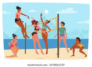 Joyful Female Friends Characters Group Playing Beach Volleyball On A Sunny Day. Vector Scene Captures Excitement And Energy Of Outdoor Sports And Leisure Activities By The Ocean. Cartoon Illustration