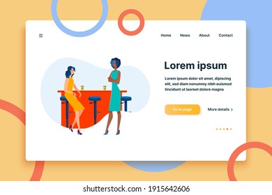 Joyful female friends meeting in bar. Women drinking and chatting in coffee shop flat vector illustration. Communication, friendship concept for banner, website design or landing web page