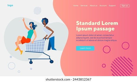 Joyful female friends shopping and having fun. Multiracial women riding shopping cart flat vector illustration. Communication, friendship concept for banner, website design or landing web page