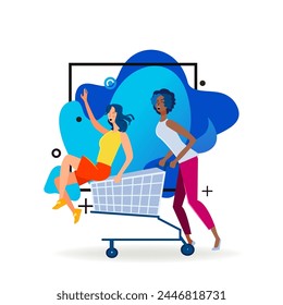 Joyful female friends shopping and having fun. Multiracial women riding shopping cart flat vector illustration. Communication, friendship concept for banner, website design or landing web page