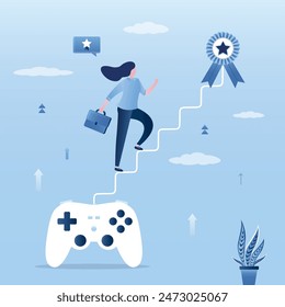 Joyful female gamer climb up stair from gaming joystick to achieve target. Winning motivation concept. Gamification, business or marketing strategy using game challenge. Cyber sport, e-tournament.