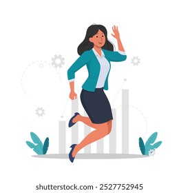 Joyful Female Jumping in a Flat Vector Illustration, Celebrating Success with Happiness and Enthusiasm