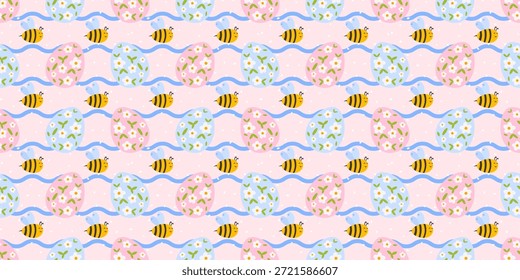 Ilustração de vetor sem emenda alegre e festiva com ovos de Páscoa decorados, margaridas e abelhas da floresta em um estilo escandinavo acolhedor, ideal para papel de embrulho, tecidos para bebês e produtos com tema de primavera