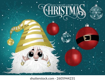A joyful figure, adorned with Christmas tree decorations.