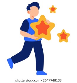 A joyful figure lifts bright stars in a whimsical setting, symbolizing creativity, fun, and youthful dreams