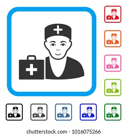 Joyful First-Aid Doctor vector pictograph. Person face has glad feeling. Black, gray, green, blue, red, pink color additional versions of first-aid doctor symbol inside a rounded frame.