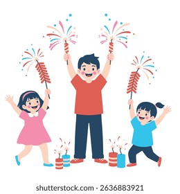 Joyful flat vector illustration of children celebrating with colorful sparklers and firecrackers.